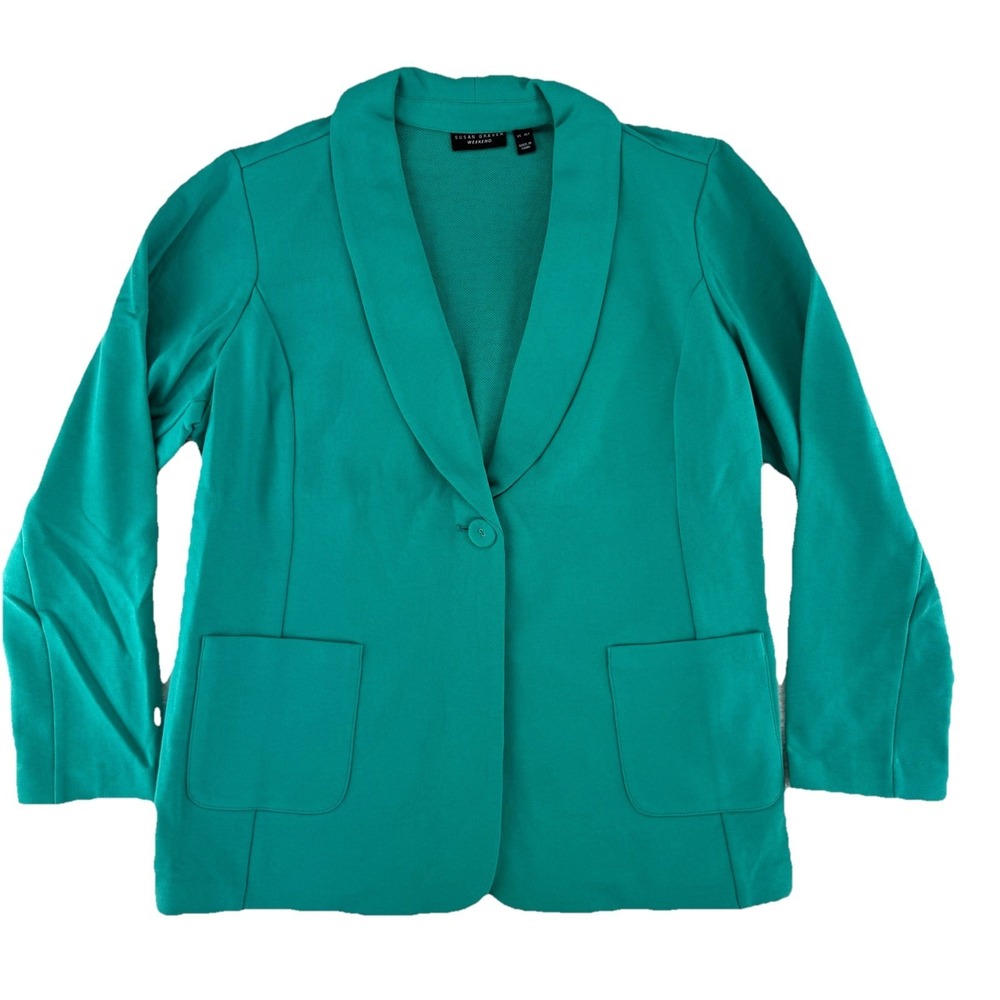 Susan Graver Weekend Marina Knit Blazer Size XL Petite Turquoise Green